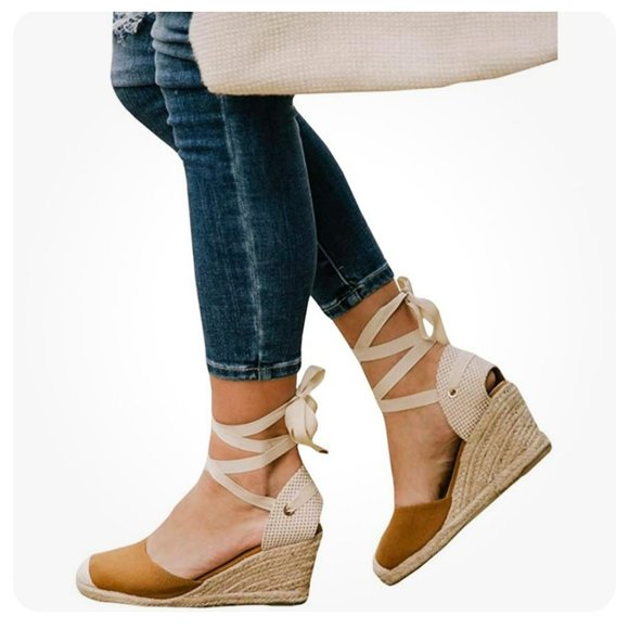Womens Espadrille Wedge Sandals Closed Toe Platform Lace Up Ankle Wrap Slingback - Picture 1 of 10